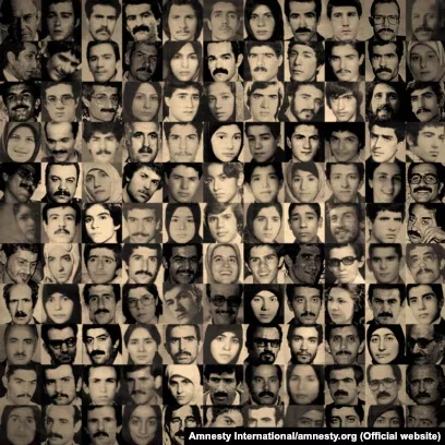 A grid of small sepia portraits of men and women, each an Iranian political prisoner executed in the 1980s.